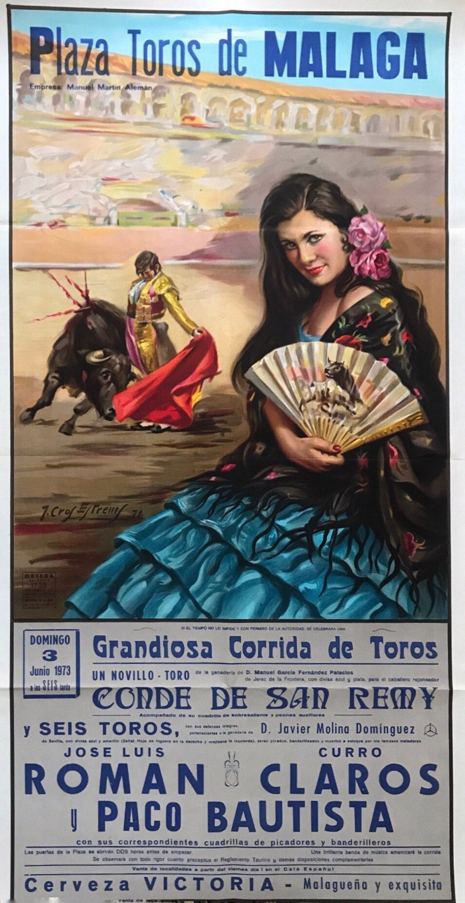 José Cros Estrems - Original Vintage Corrida Poster (1973). Malaga