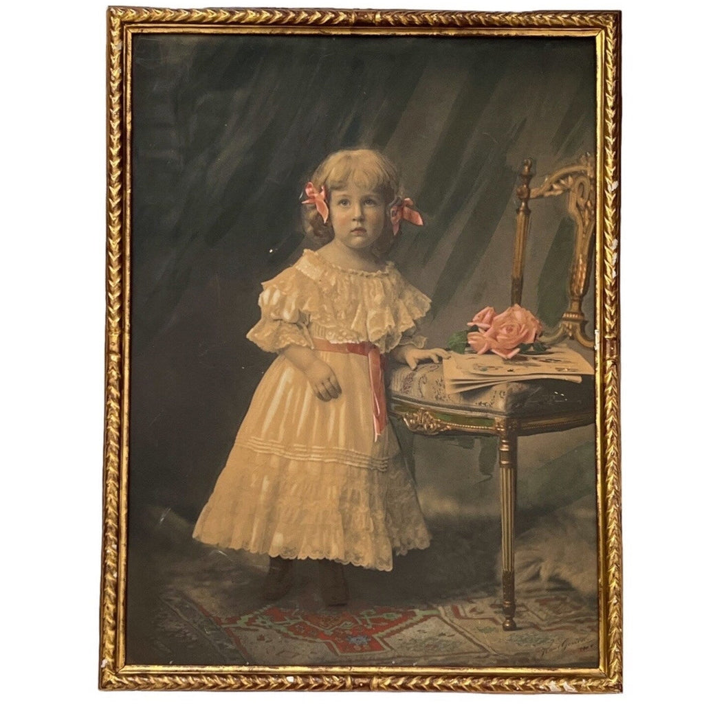 Antique Painted Photograph Portrait of a Young Girl, Pastel & Watercolour, Dated 1904, Original Gilded Frame