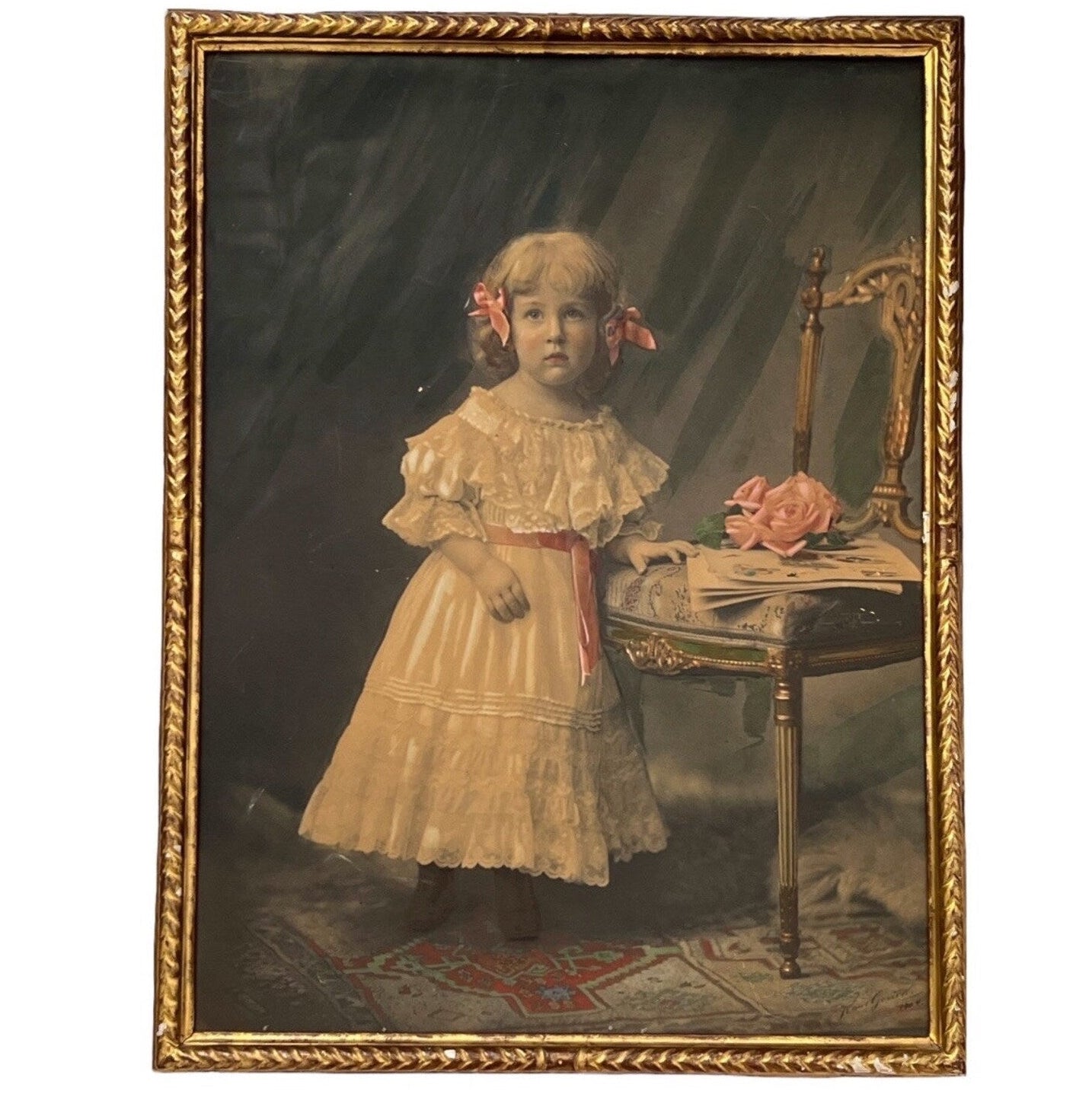 Antique Painted Photograph Portrait of a Young Girl, Pastel & Watercolour, Dated 1904, Original Gilded Frame