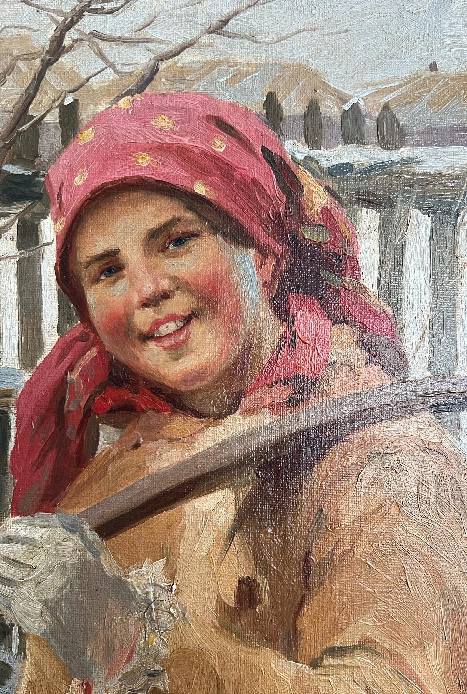 Antique Oil Painting – Signed Peasant Woman Portrait, Rustic Folk Art – Framed Artwork