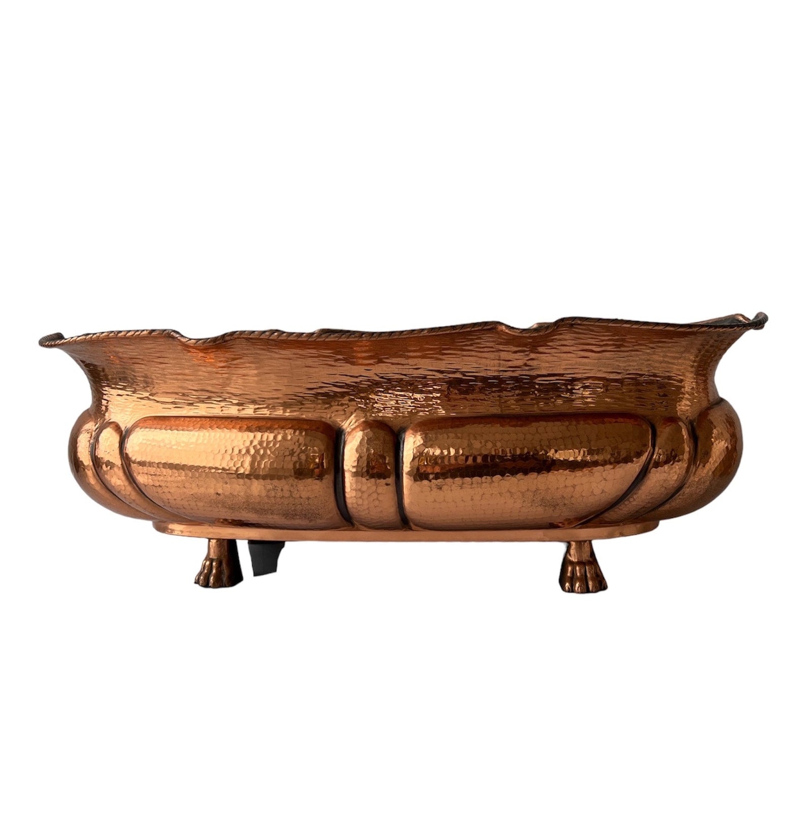Vintage Hammered Copper Planter. Lion Paw Feet Jardiniere