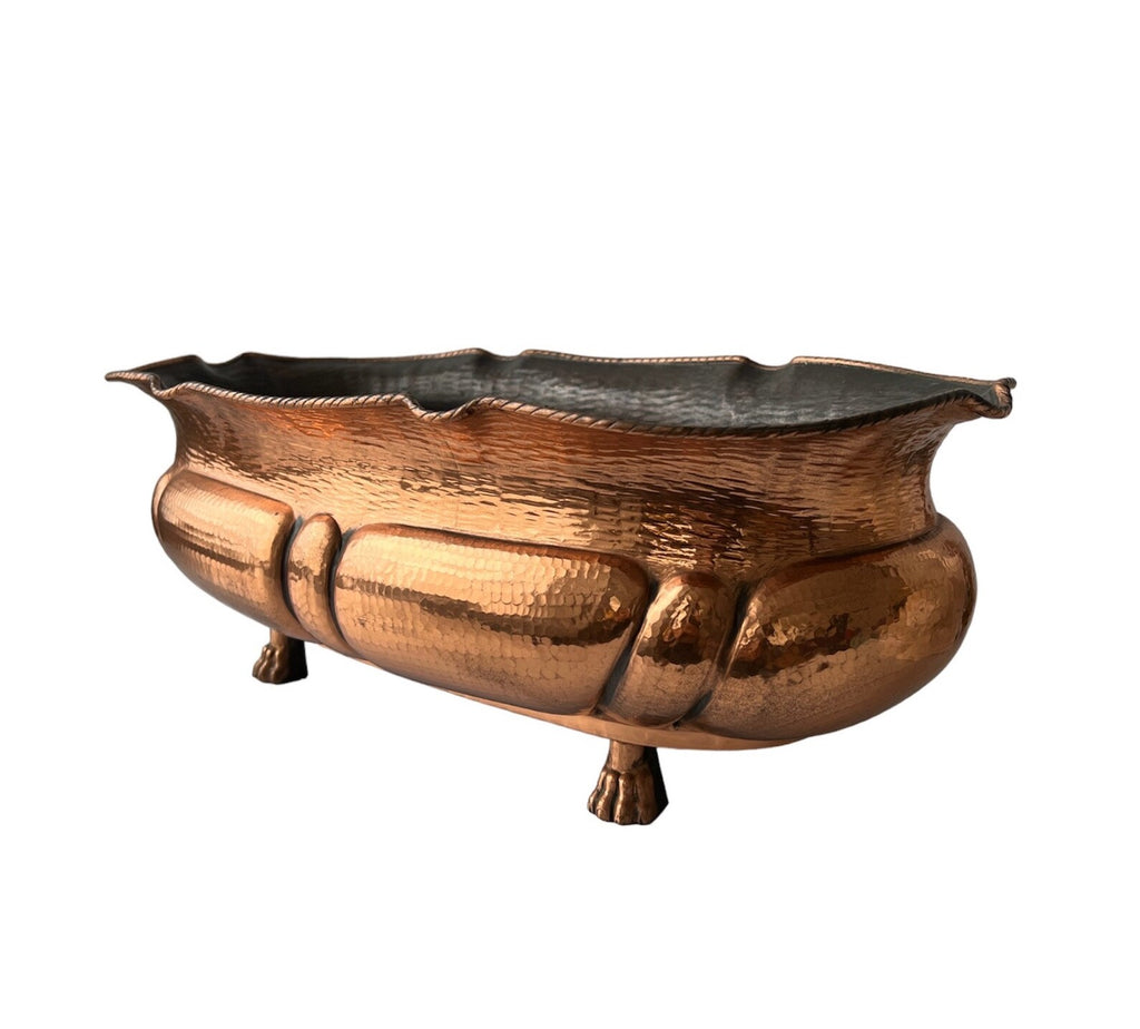 Vintage Hammered Copper Planter. Lion Paw Feet Jardiniere