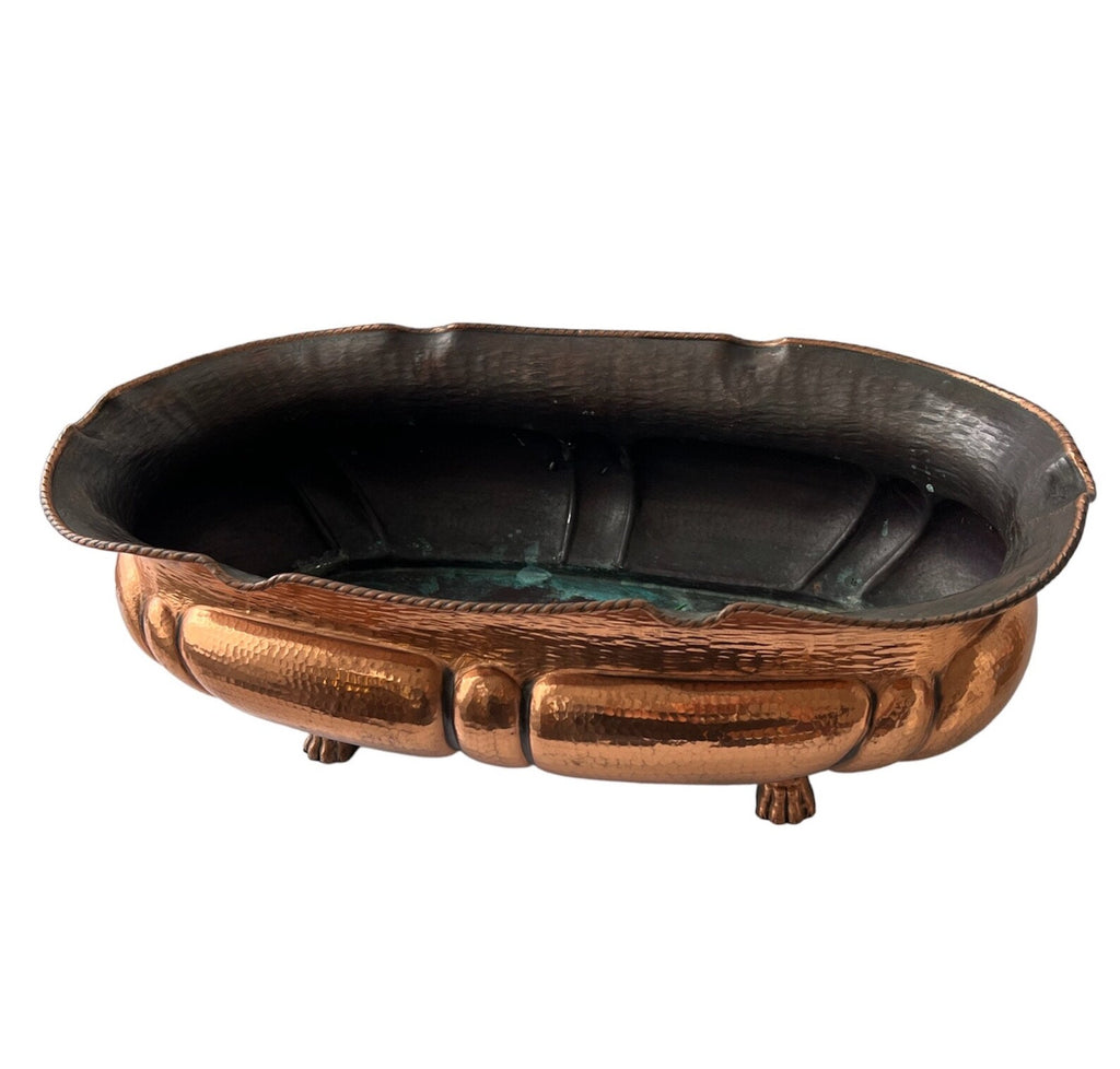 Vintage Hammered Copper Planter. Lion Paw Feet Jardiniere