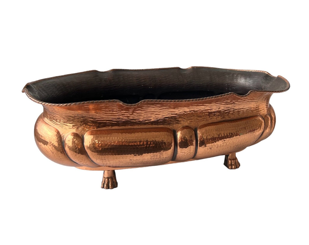 Vintage Hammered Copper Planter. Lion Paw Feet Jardiniere