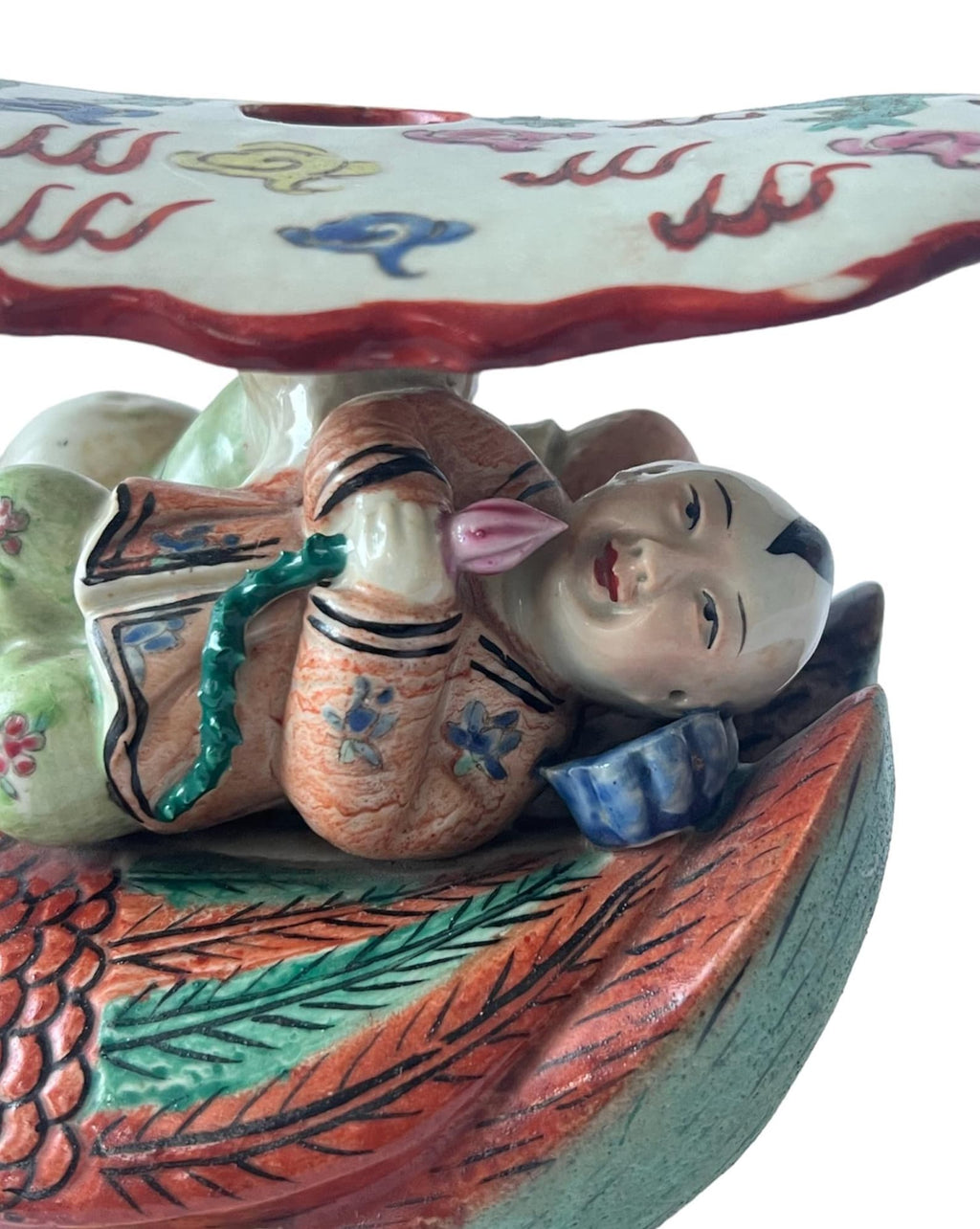 Antique Chinese Opium Pillow, Handcrafted Ceramic Headrest with Birds & Figure Motifs