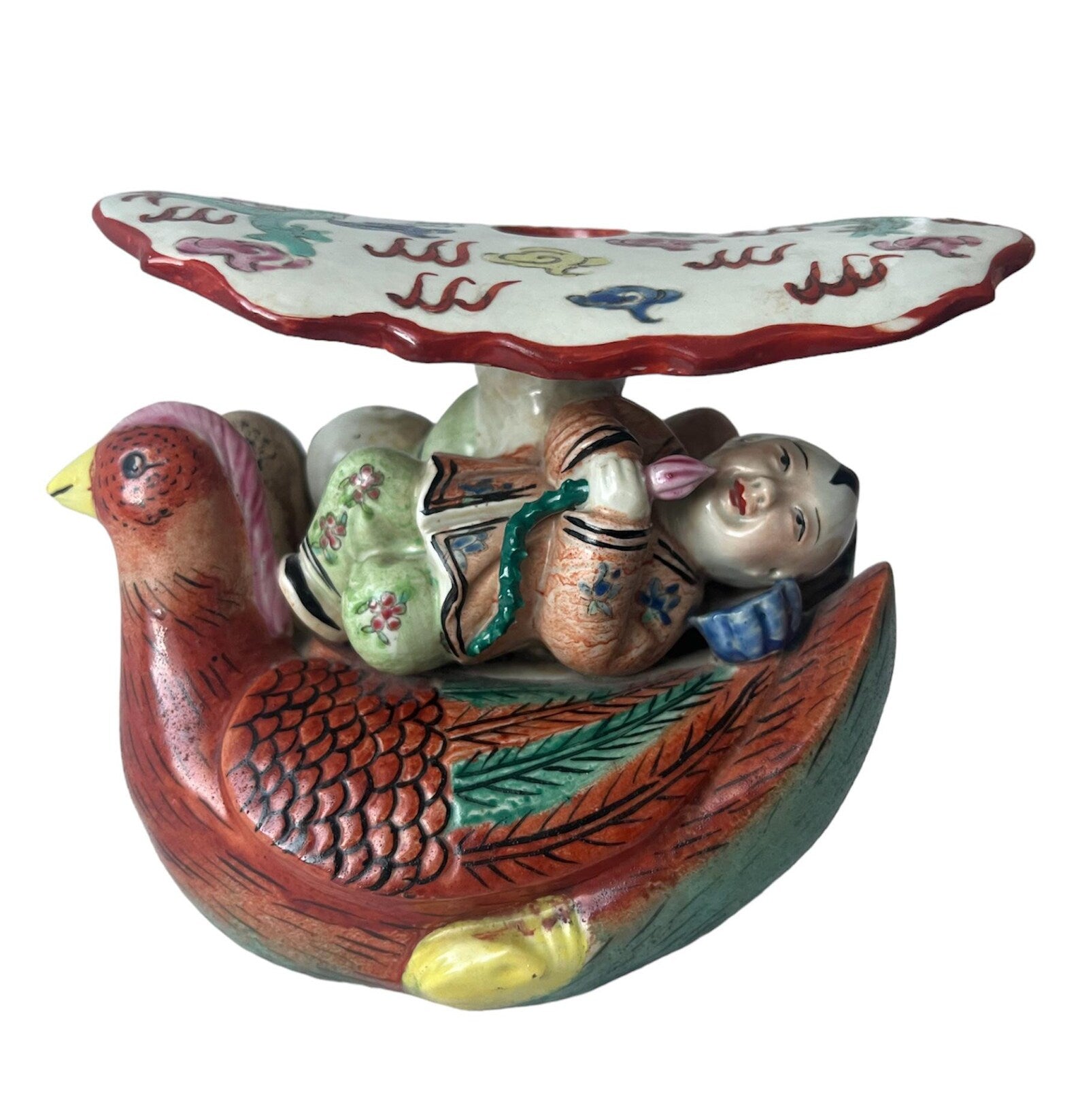 Antique Chinese Opium Pillow, Handcrafted Ceramic Headrest with Birds & Figure Motifs