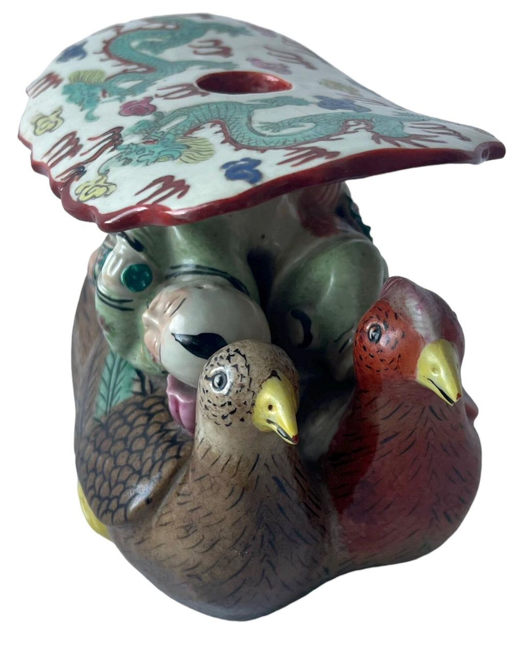 Antique Chinese Opium Pillow, Handcrafted Ceramic Headrest with Birds & Figure Motifs