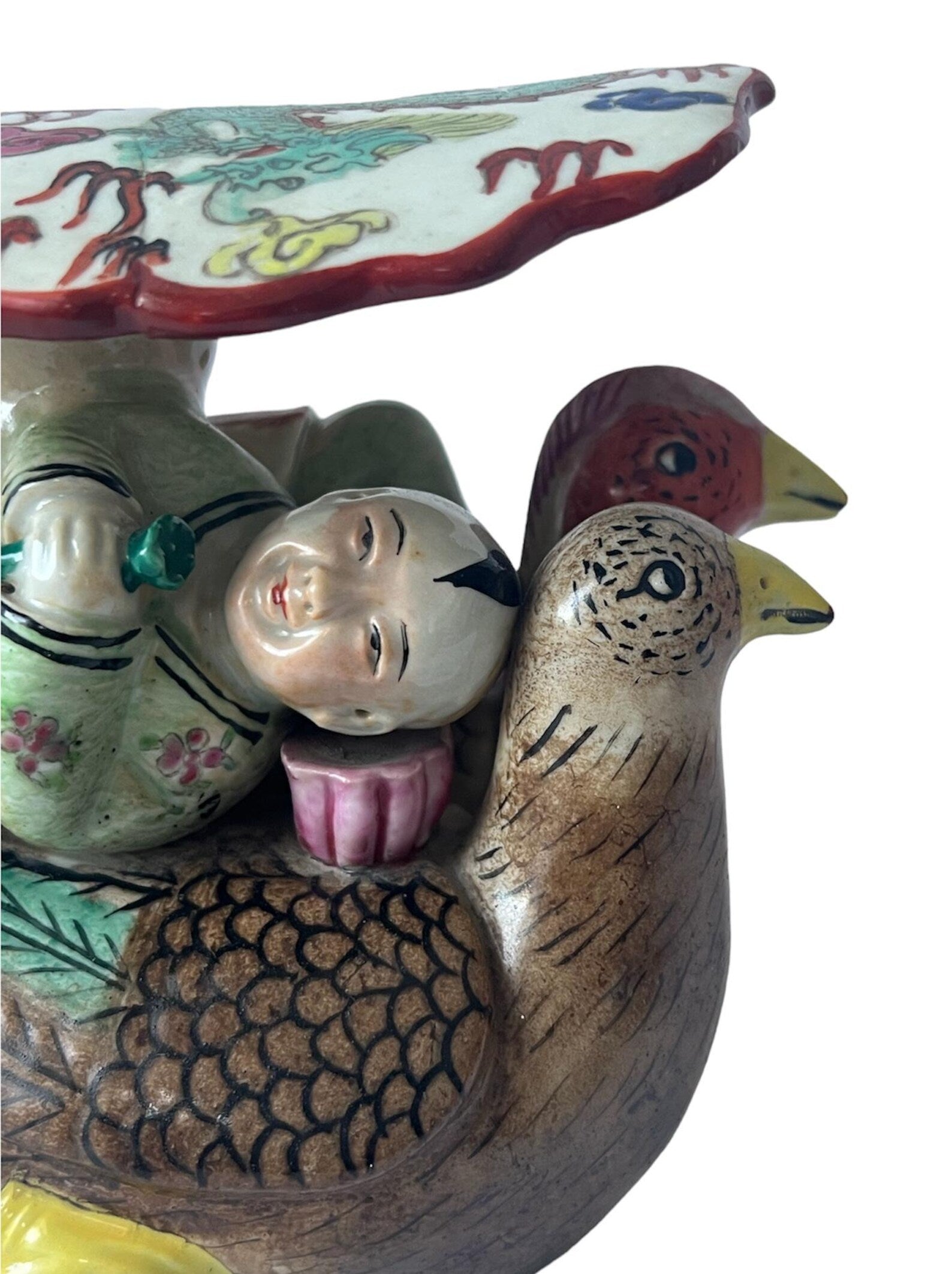 Antique Chinese Opium Pillow, Handcrafted Ceramic Headrest with Birds & Figure Motifs