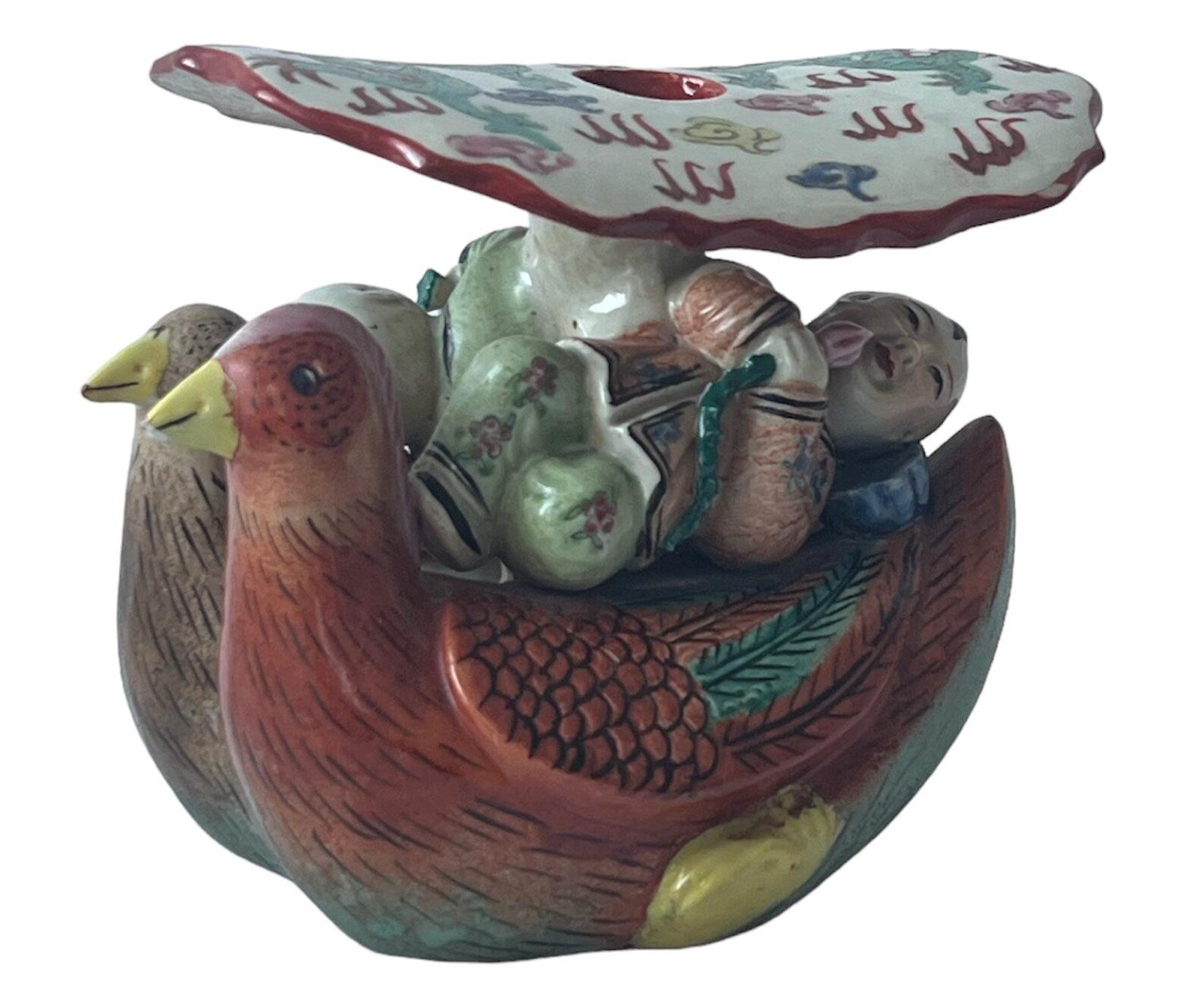Antique Chinese Opium Pillow, Handcrafted Ceramic Headrest with Birds & Figure Motifs