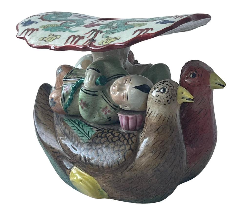 Antique Chinese Opium Pillow, Handcrafted Ceramic Headrest with Birds & Figure Motifs