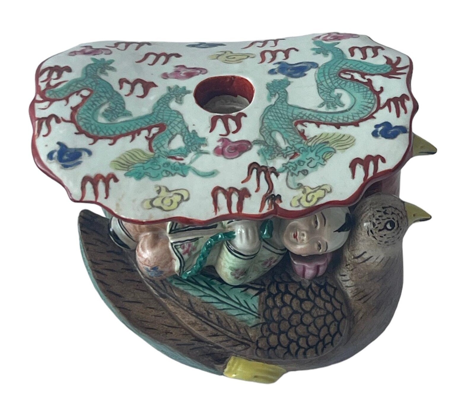 Antique Chinese Opium Pillow, Handcrafted Ceramic Headrest with Birds & Figure Motifs
