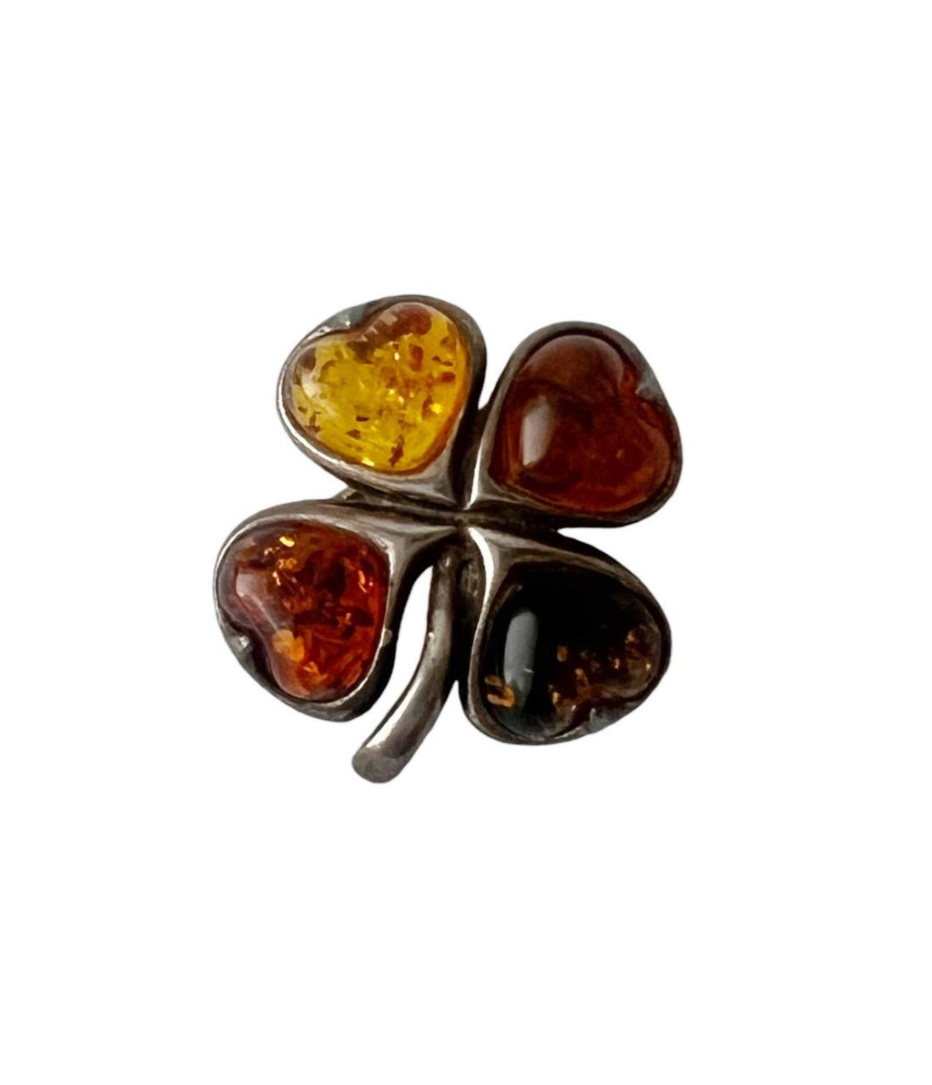 Vintage Baltic Amber Four-Leaf Clover Brooch. Good Luck Charm in Sterling Silver