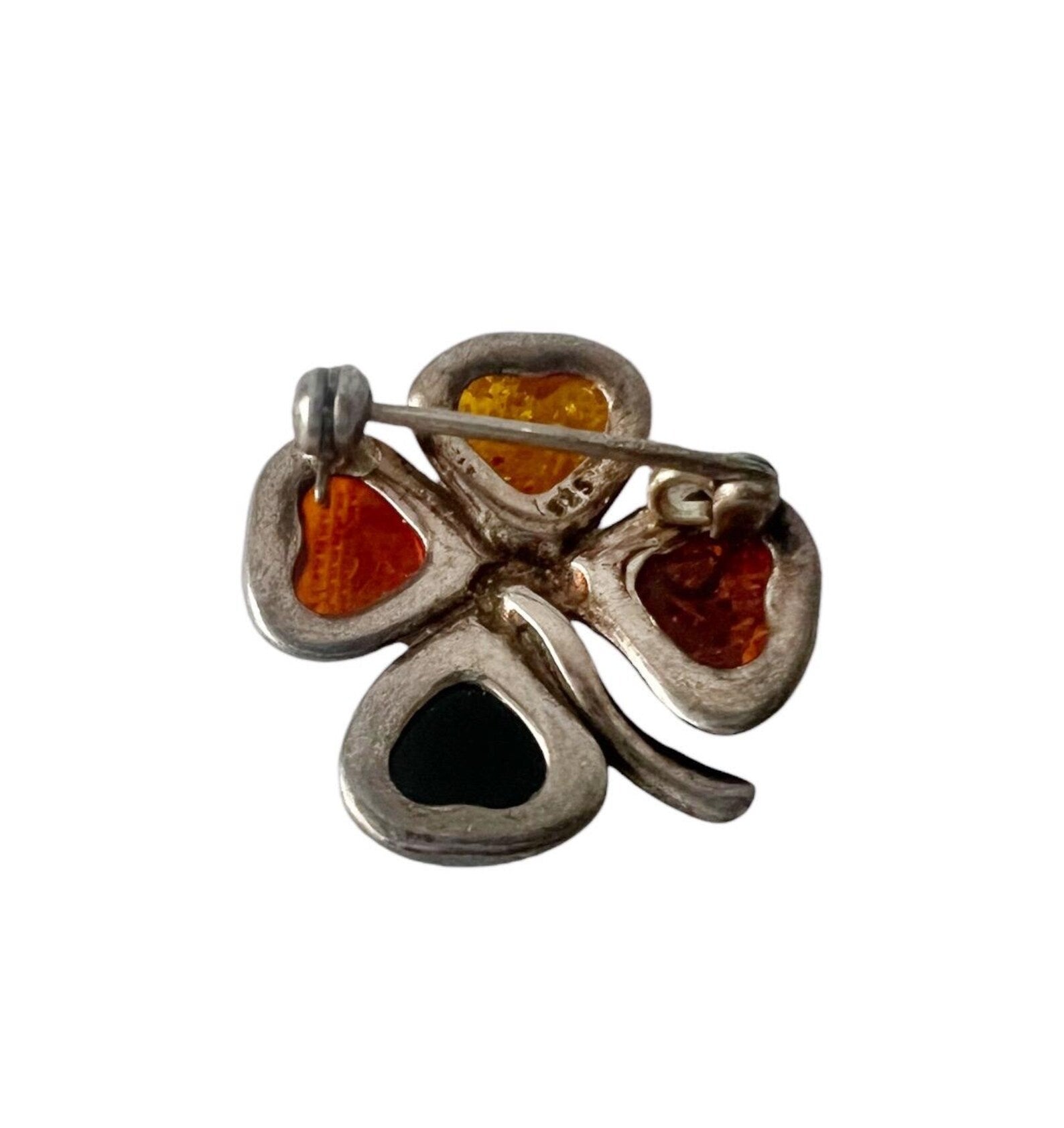 Vintage Baltic Amber Four-Leaf Clover Brooch. Good Luck Charm in Sterling Silver