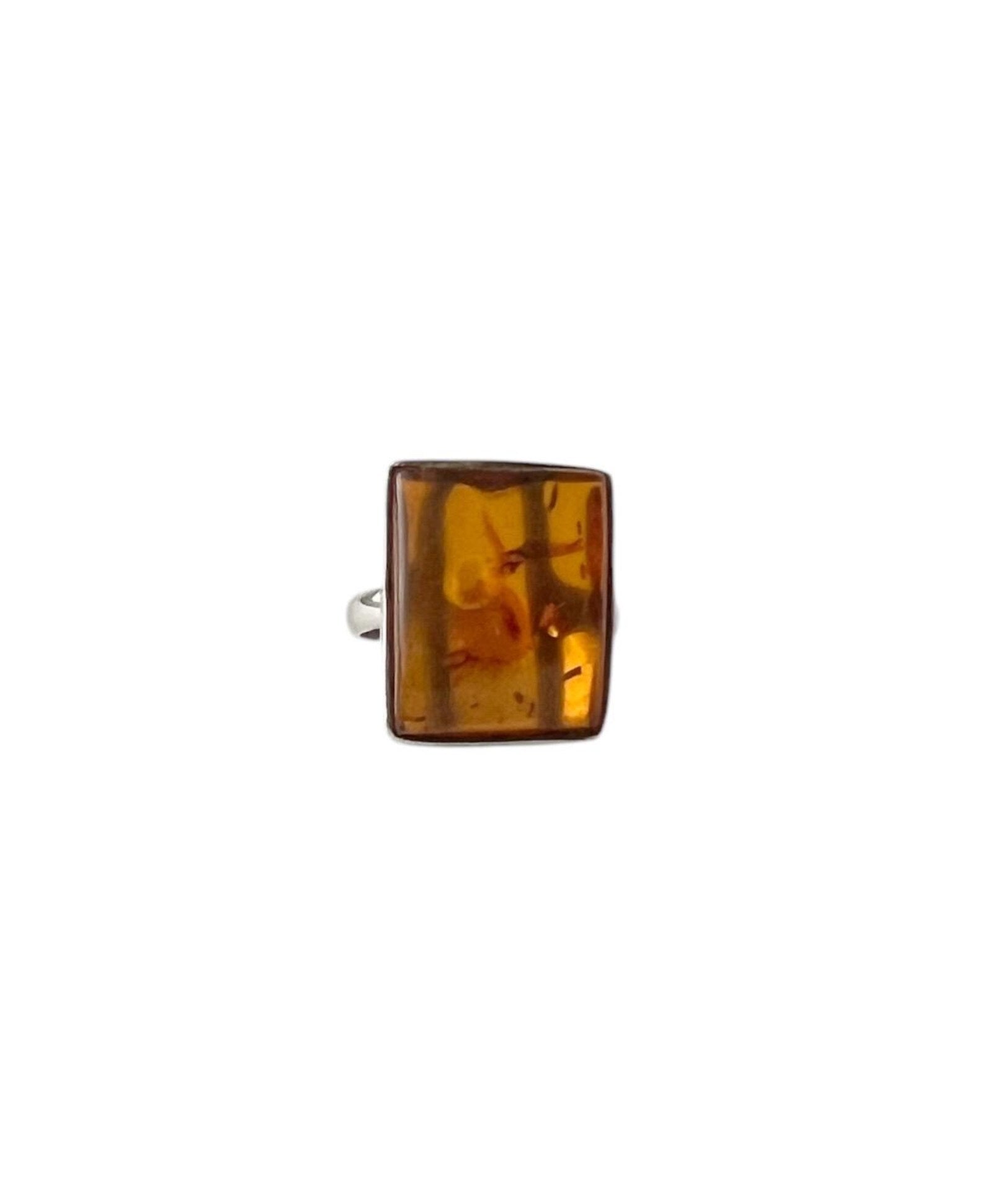 Vintage Baltic Amber Sterling Silver Ring - Honey Hue, UK size Q.