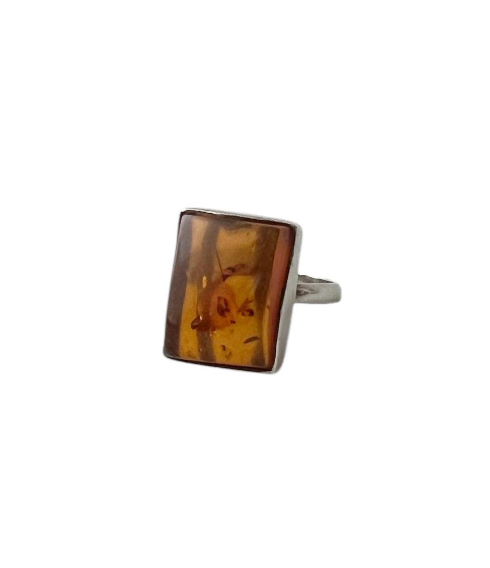 Vintage Baltic Amber Sterling Silver Ring - Honey Hue, UK size Q.