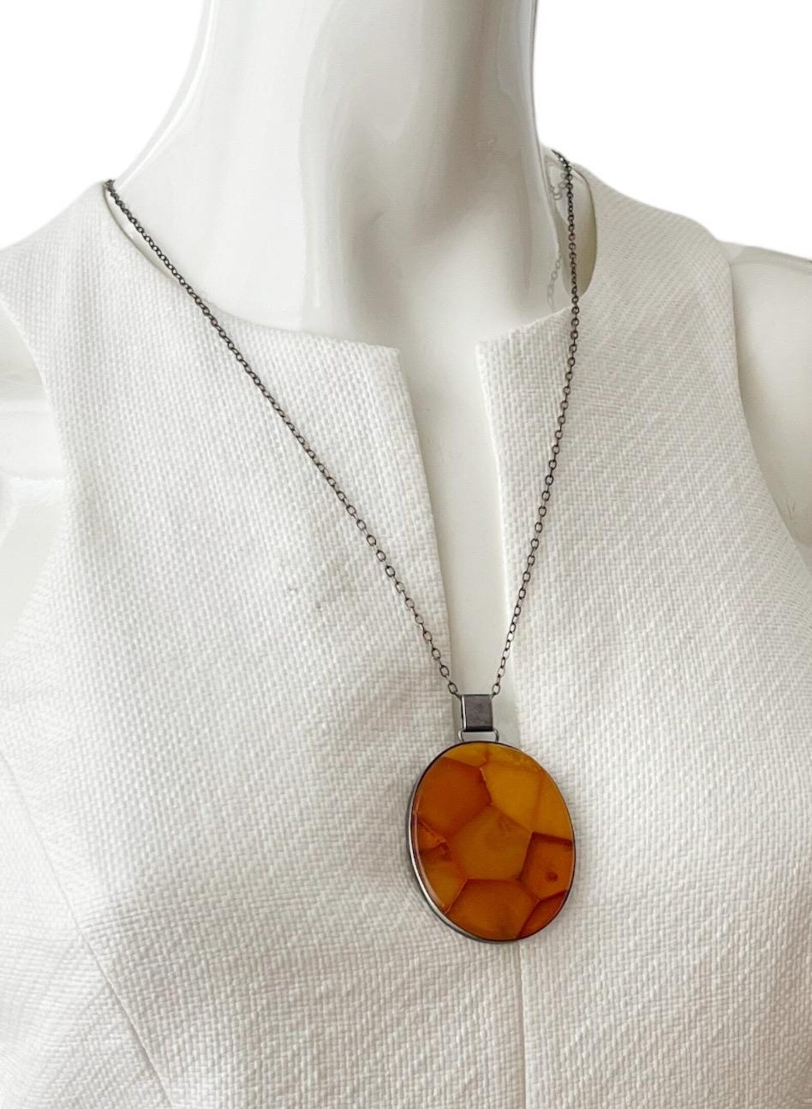 Vintage Fischland Amber Mosaic Pendant Necklace – 835 Silver, Germany