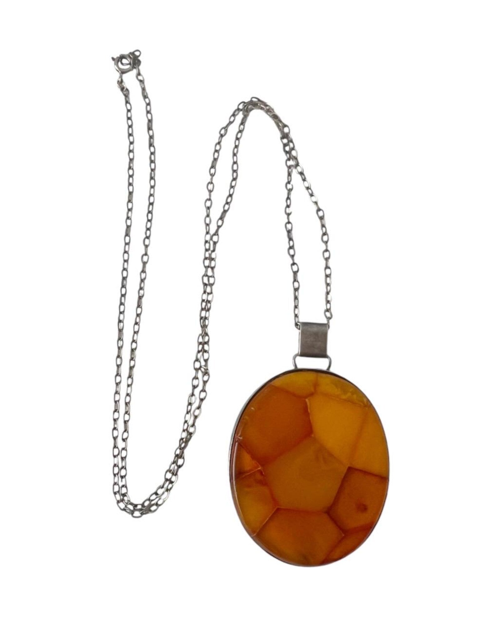 Vintage Fischland Amber Mosaic Pendant Necklace – 835 Silver, Germany