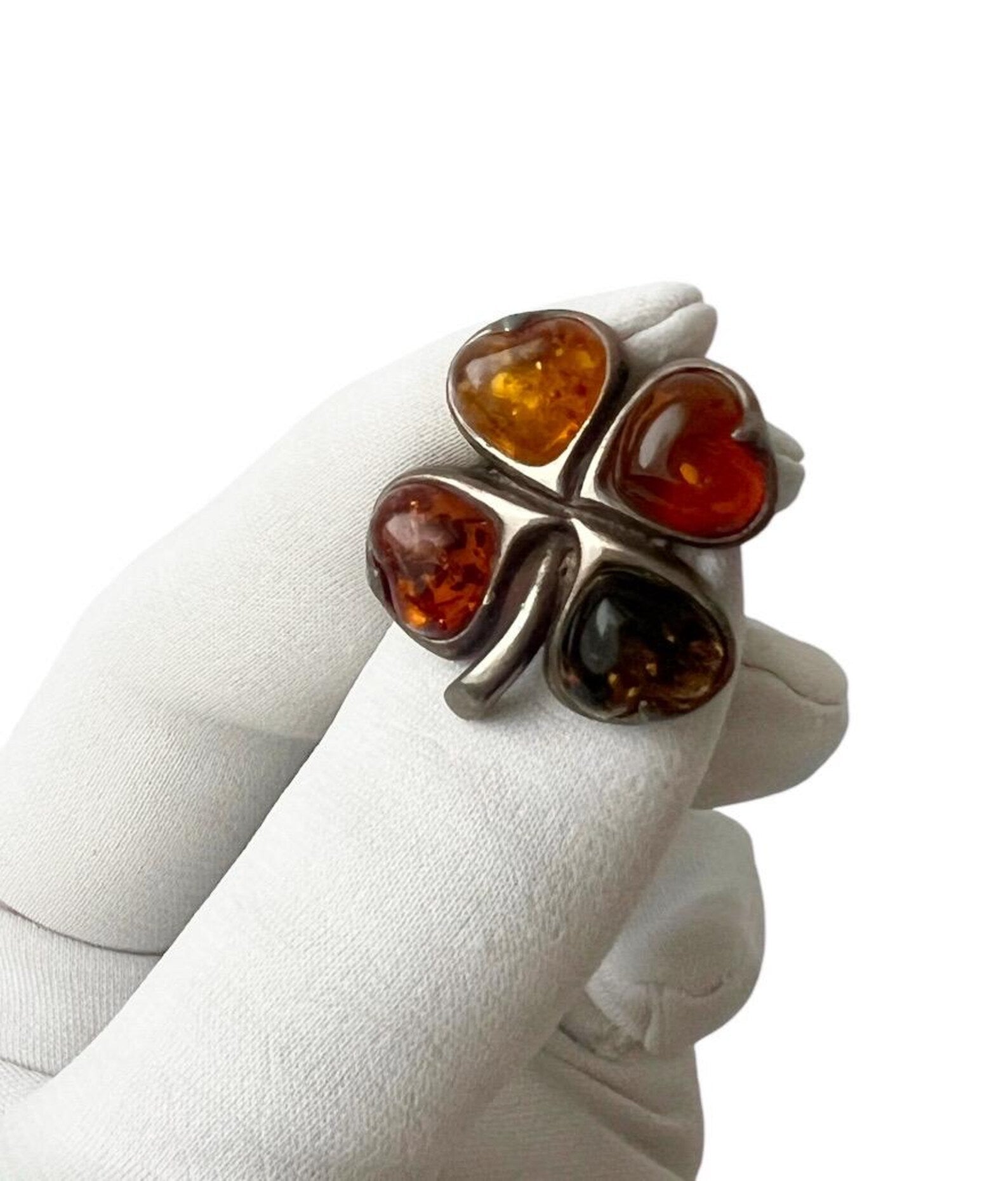 Vintage Baltic Amber Four-Leaf Clover Brooch. Good Luck Charm in Sterling Silver