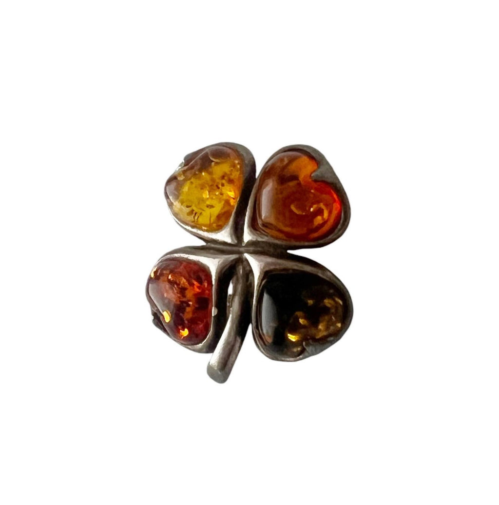 Vintage Baltic Amber Four-Leaf Clover Brooch. Good Luck Charm in Sterling Silver