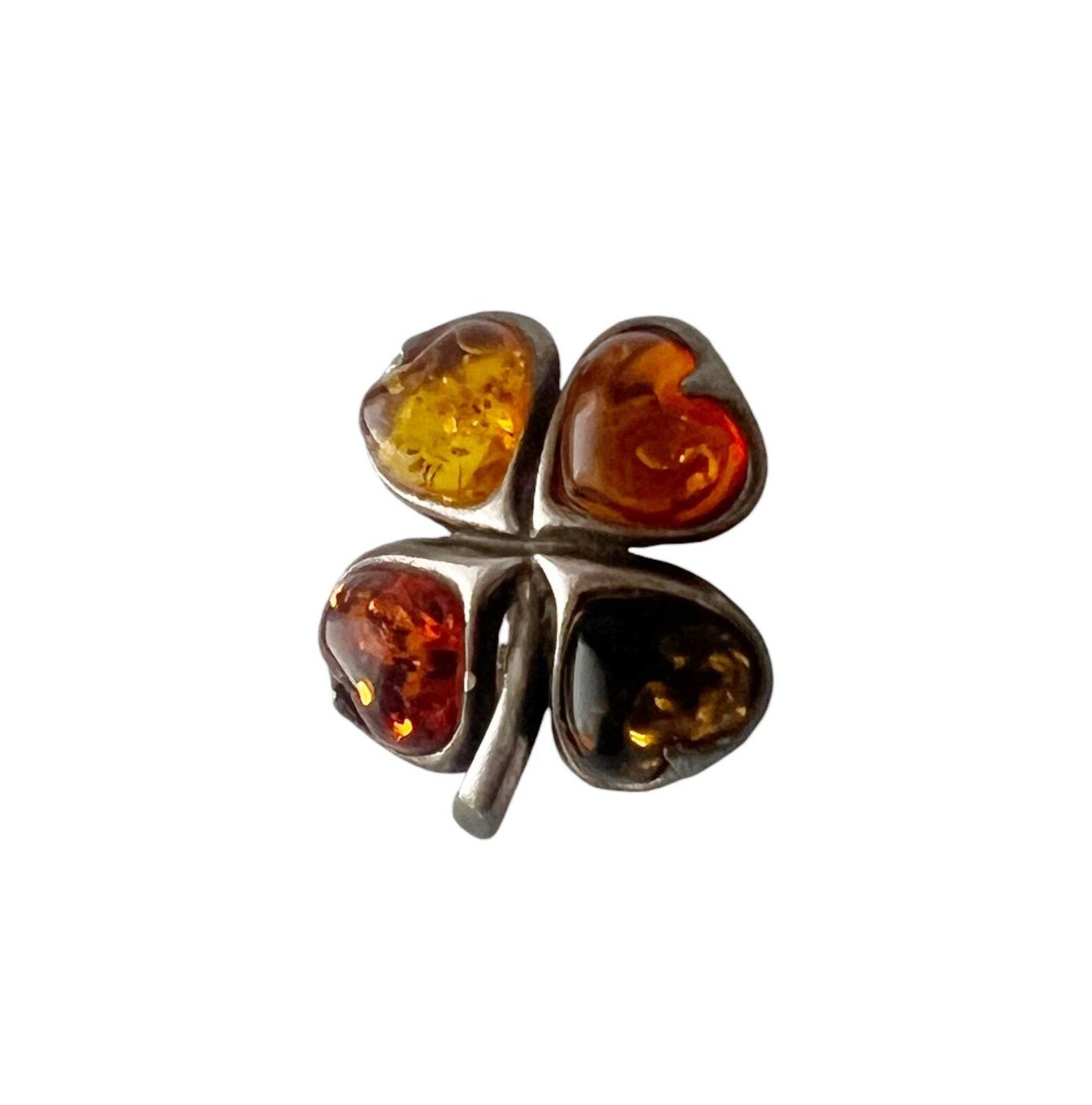 Vintage Baltic Amber Four-Leaf Clover Brooch. Good Luck Charm in Sterling Silver