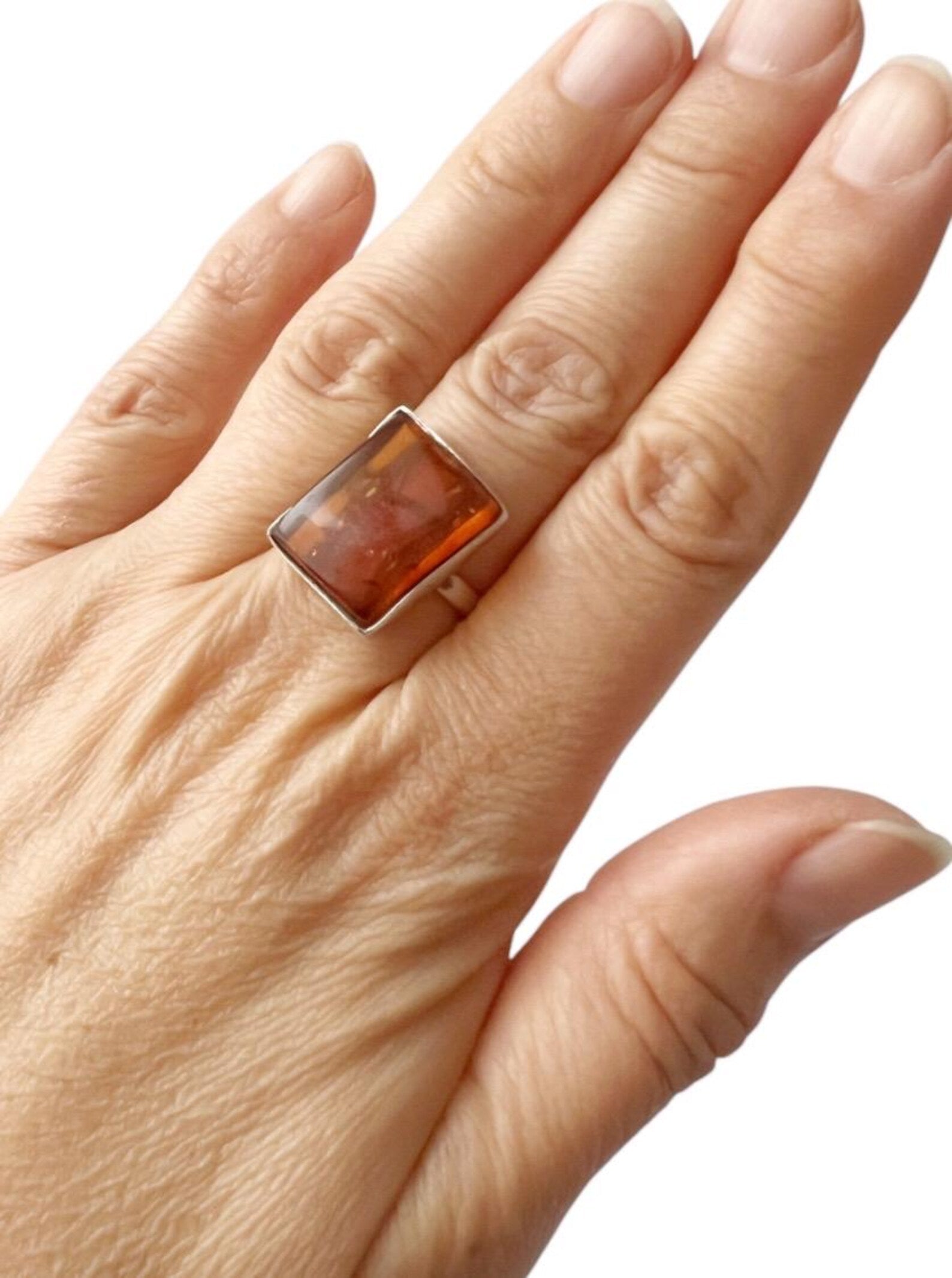 Vintage Baltic Amber Sterling Silver Ring - Honey Hue, UK size Q.