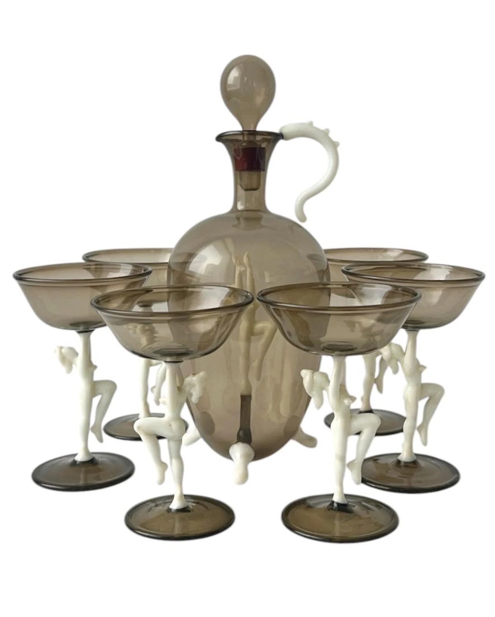Art Deco Glass Decanter Set, Nude Figurative Stems, Fritz Lampl Bimini, 1920s