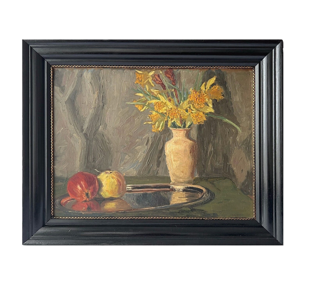 Floral Still Life Oil Painting: Yellow Flowers & Apples, c.1915