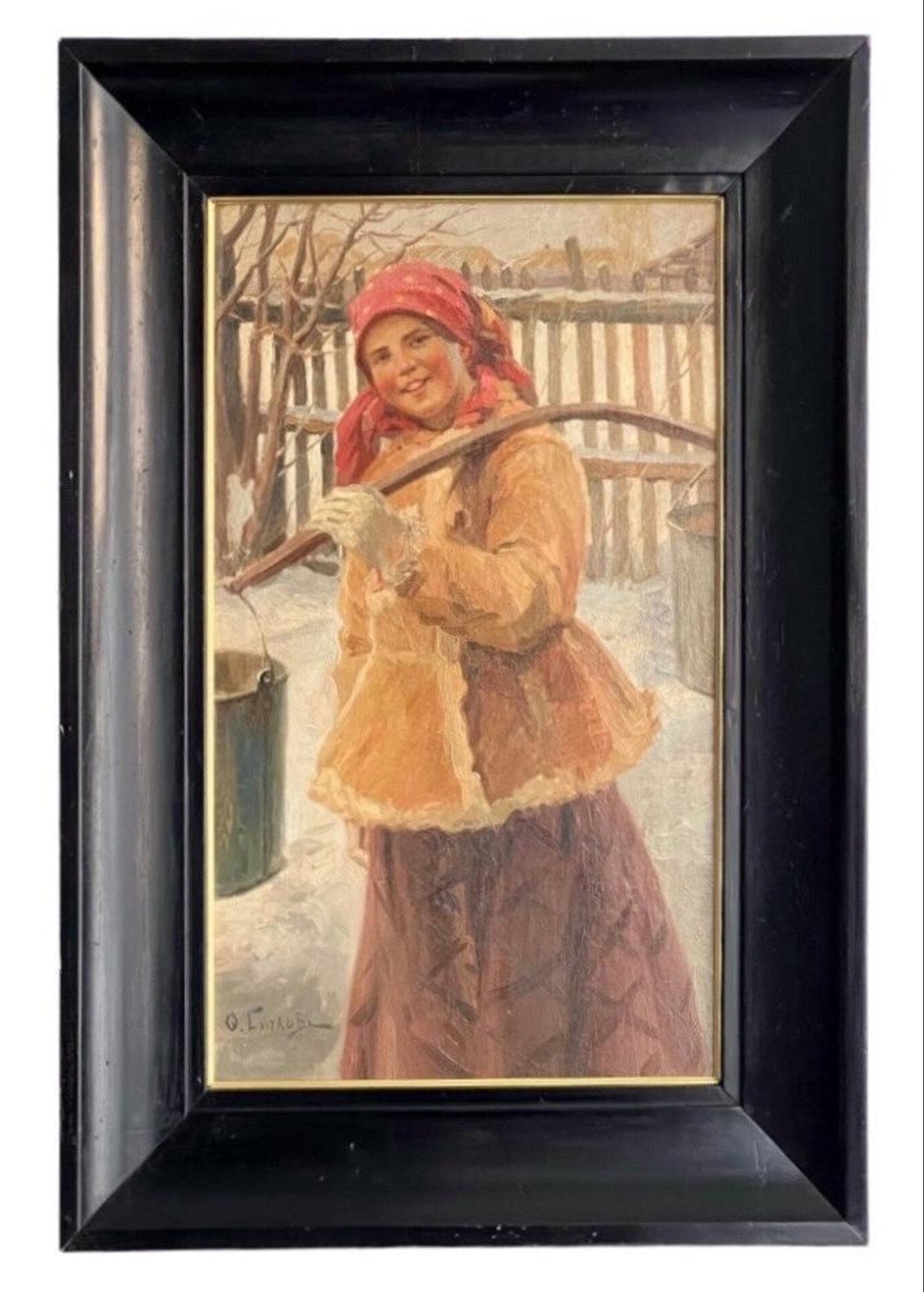 Antique Oil Painting – Signed Peasant Woman Portrait, Rustic Folk Art – Framed Artwork