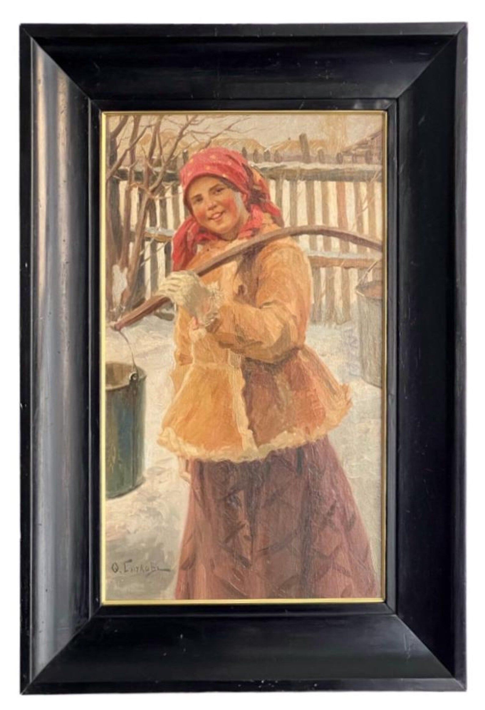 Antique Oil Painting – Signed Peasant Woman Portrait, Rustic Folk Art – Framed Artwork