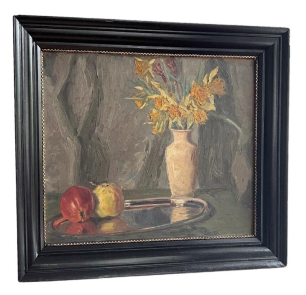 Floral Still Life Oil Painting: Yellow Flowers & Apples, c.1915