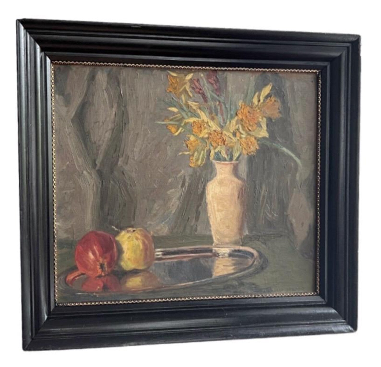 Floral Still Life Oil Painting: Yellow Flowers & Apples, c.1915