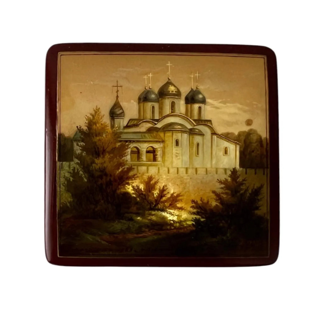 Vintage Fedoskino Lacquer Box, Russian Miniature Jewelry Box, Orthodox Church Painting