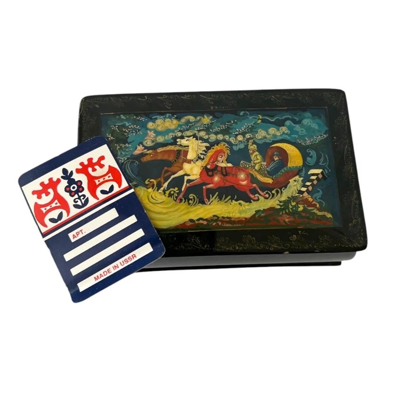 Palekh Lacquer Box Troika Scene Signed T.C. USSR Hand Painted