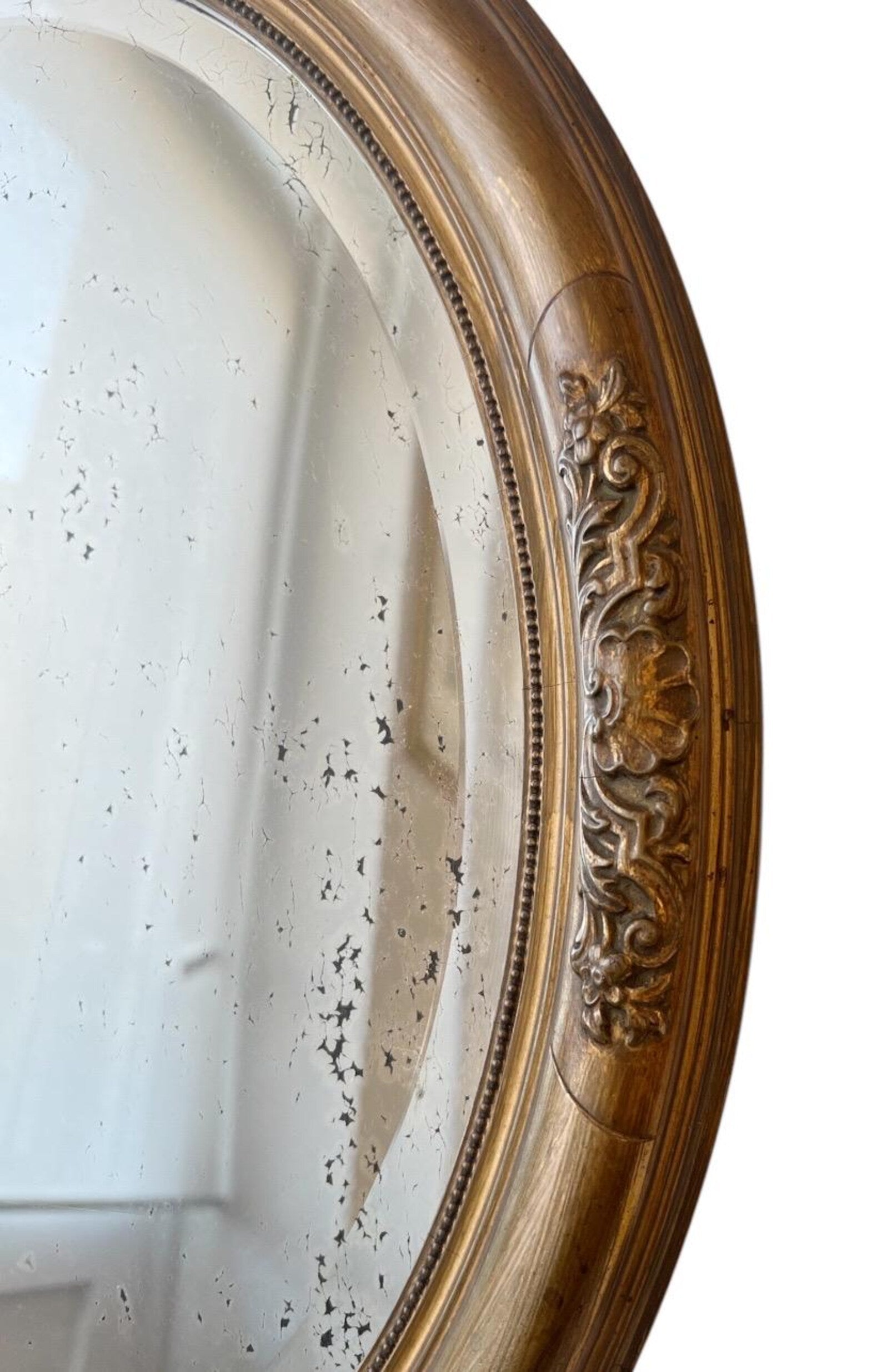 Antique Oval Gilded Wooden Beveled Mirror, Early 20th Century