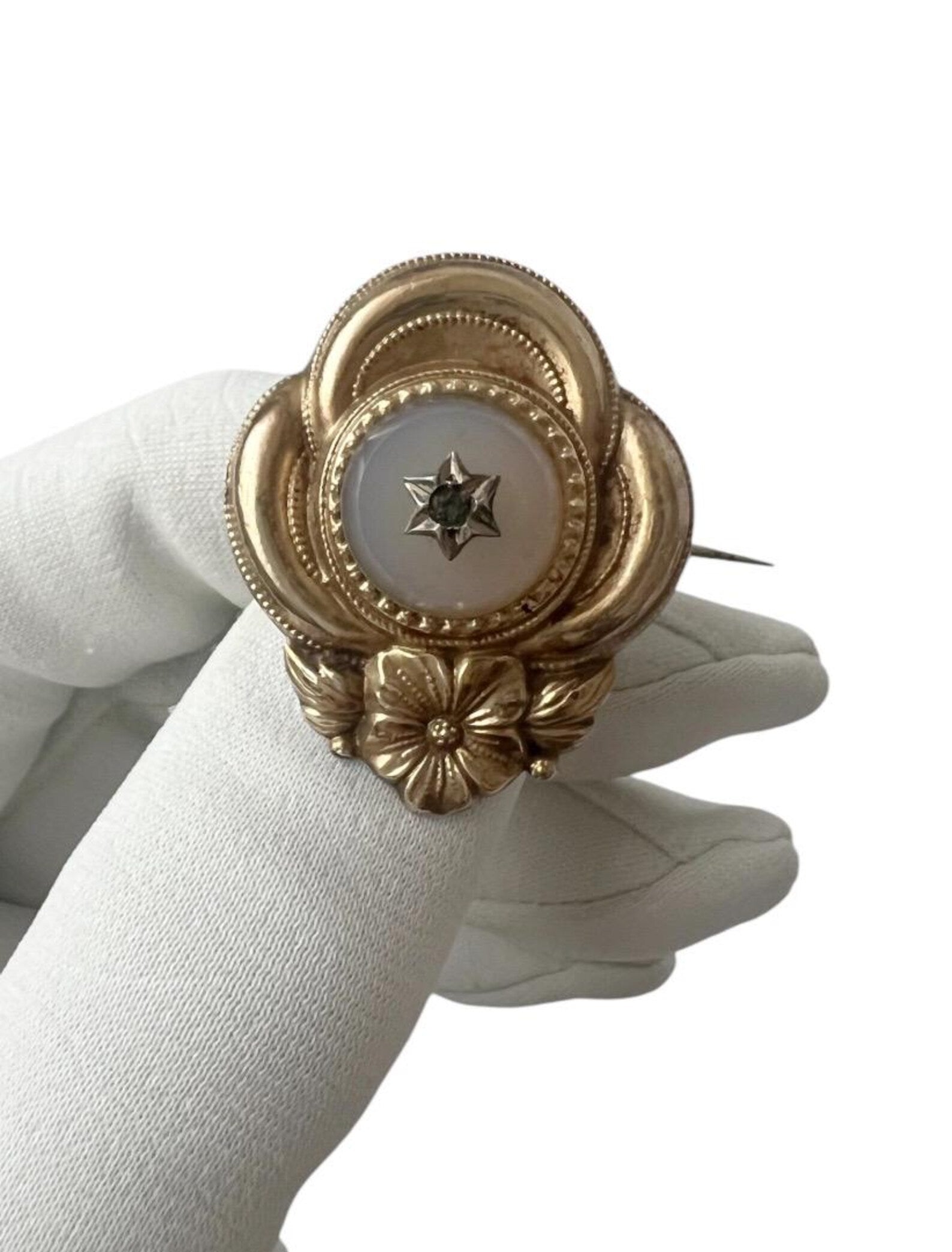Antique Biedermeier Brooch.  Gold-Foiled Floral Pin with Star-Set Stone.