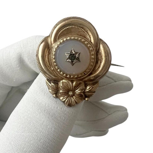 Antique Biedermeier Brooch.  Gold-Foiled Floral Pin with Star-Set Stone.