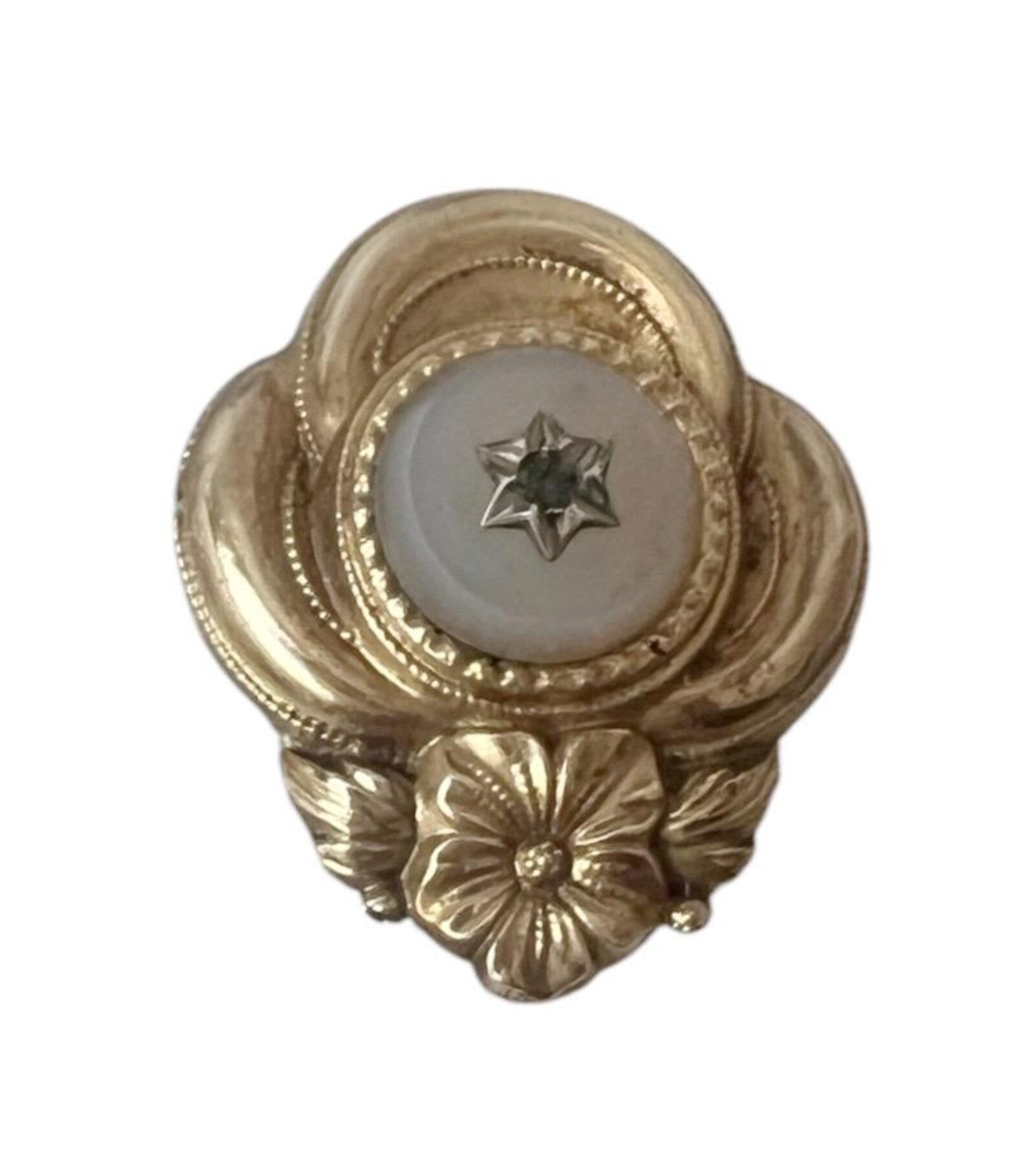 Antique Biedermeier Brooch.  Gold-Foiled Floral Pin with Star-Set Stone.