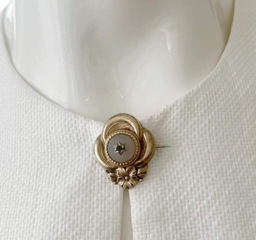 Antique Biedermeier Brooch.  Gold-Foiled Floral Pin with Star-Set Stone.