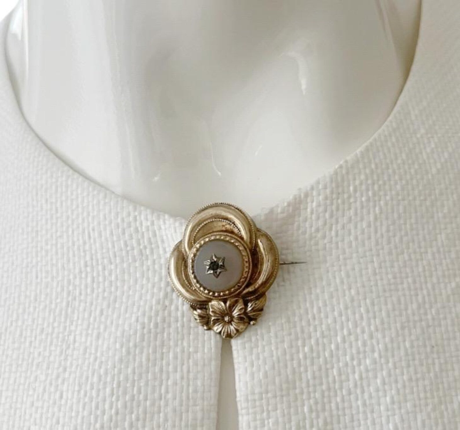 Antique Biedermeier Brooch.  Gold-Foiled Floral Pin with Star-Set Stone.