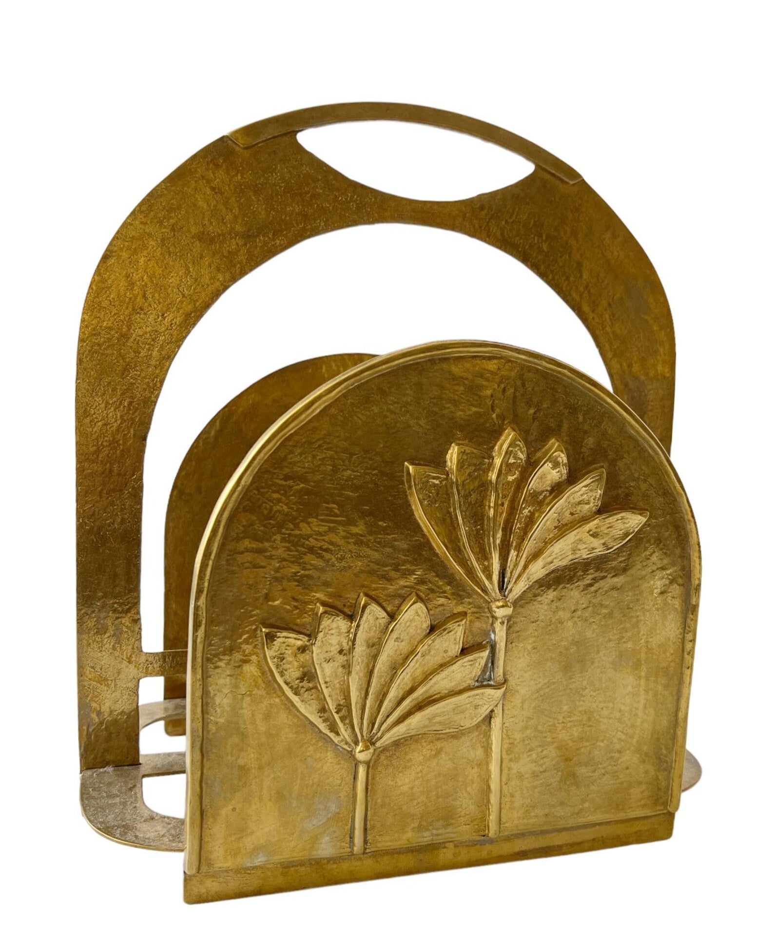 Vintage Solid Brass Magazine Rack with Art Deco and Art Nouveau Design.