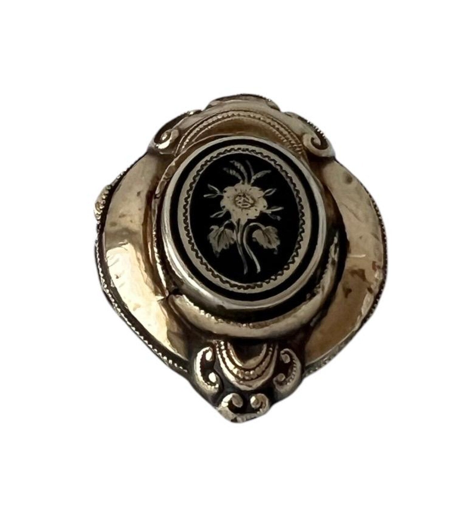 Antique German Biedermeier Mourning Brooch. Foamed Gold & Black Enamel.