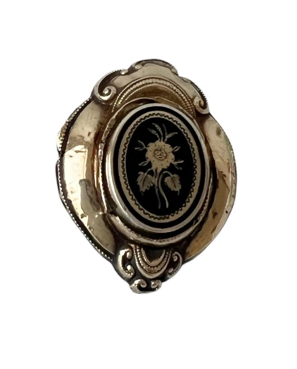 Antique German Biedermeier Mourning Brooch. Foamed Gold & Black Enamel.