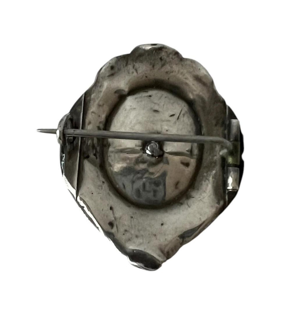 Antique German Biedermeier Mourning Brooch. Foamed Gold & Black Enamel.