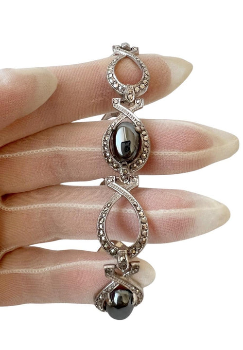 Antique Art Deco 800 Silver & Marcasite Bracelet with Hematite Cabochons