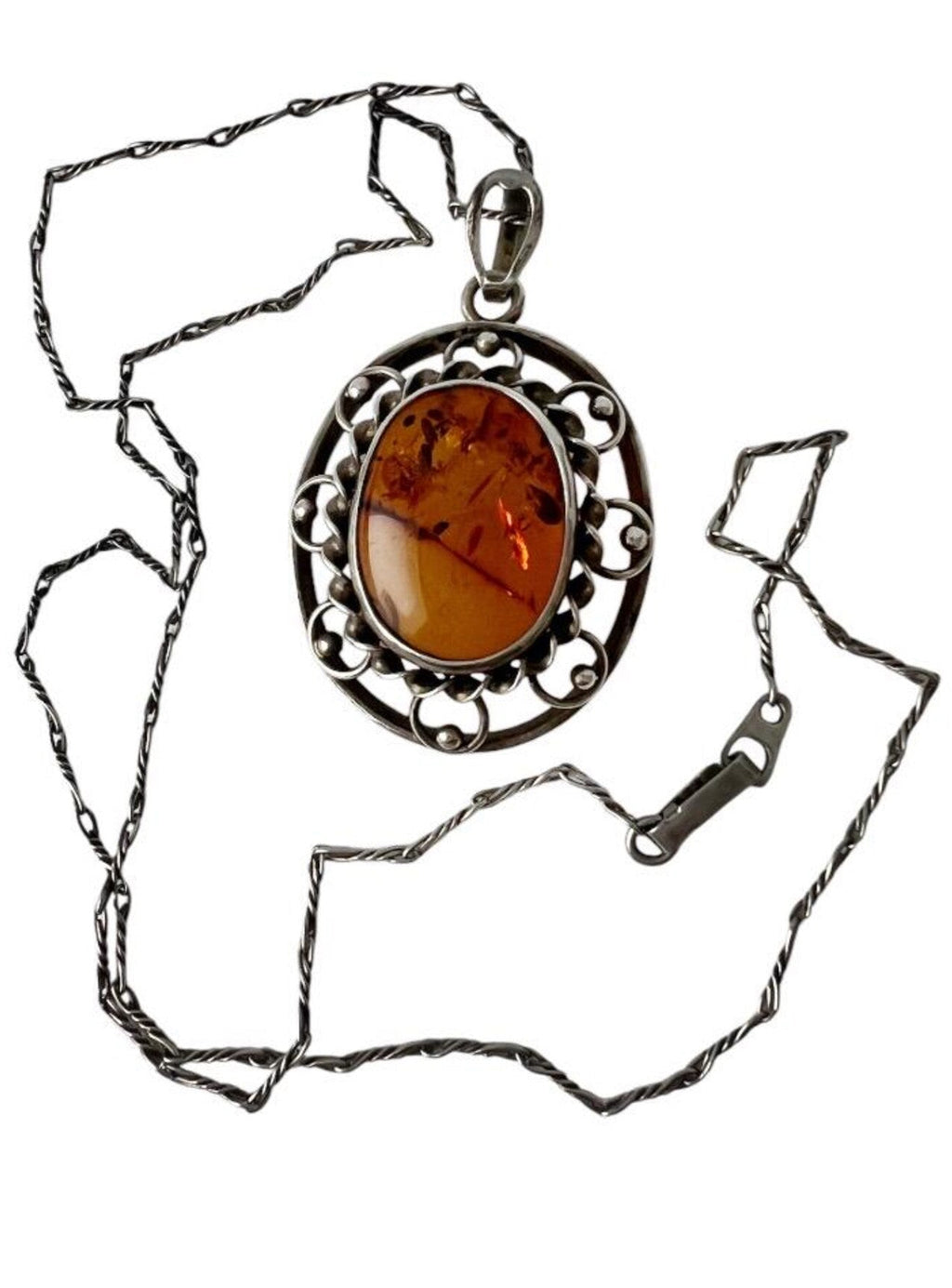 Vintage Baltic Amber 835 Silver Filigree Pendant Necklace With 900 Silver Chain