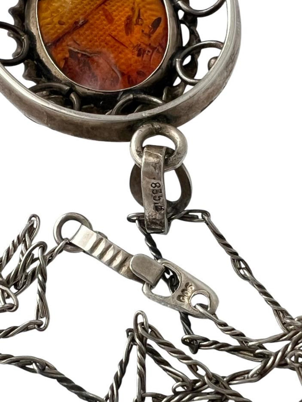 Vintage Baltic Amber 835 Silver Filigree Pendant Necklace With 900 Silver Chain