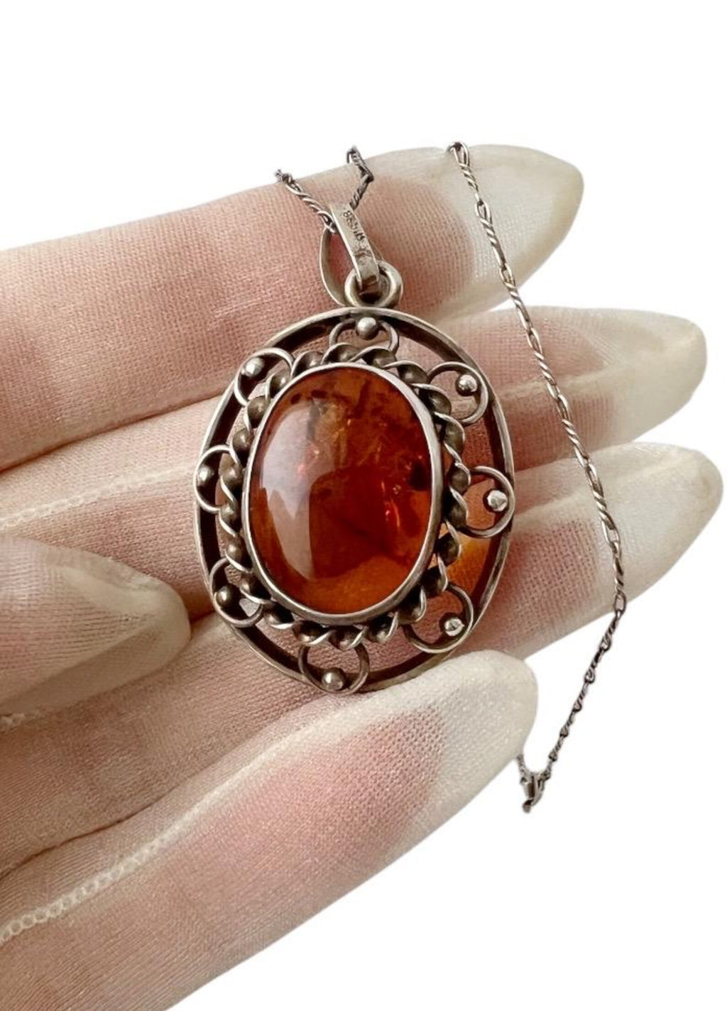 Vintage Baltic Amber 835 Silver Filigree Pendant Necklace With 900 Silver Chain