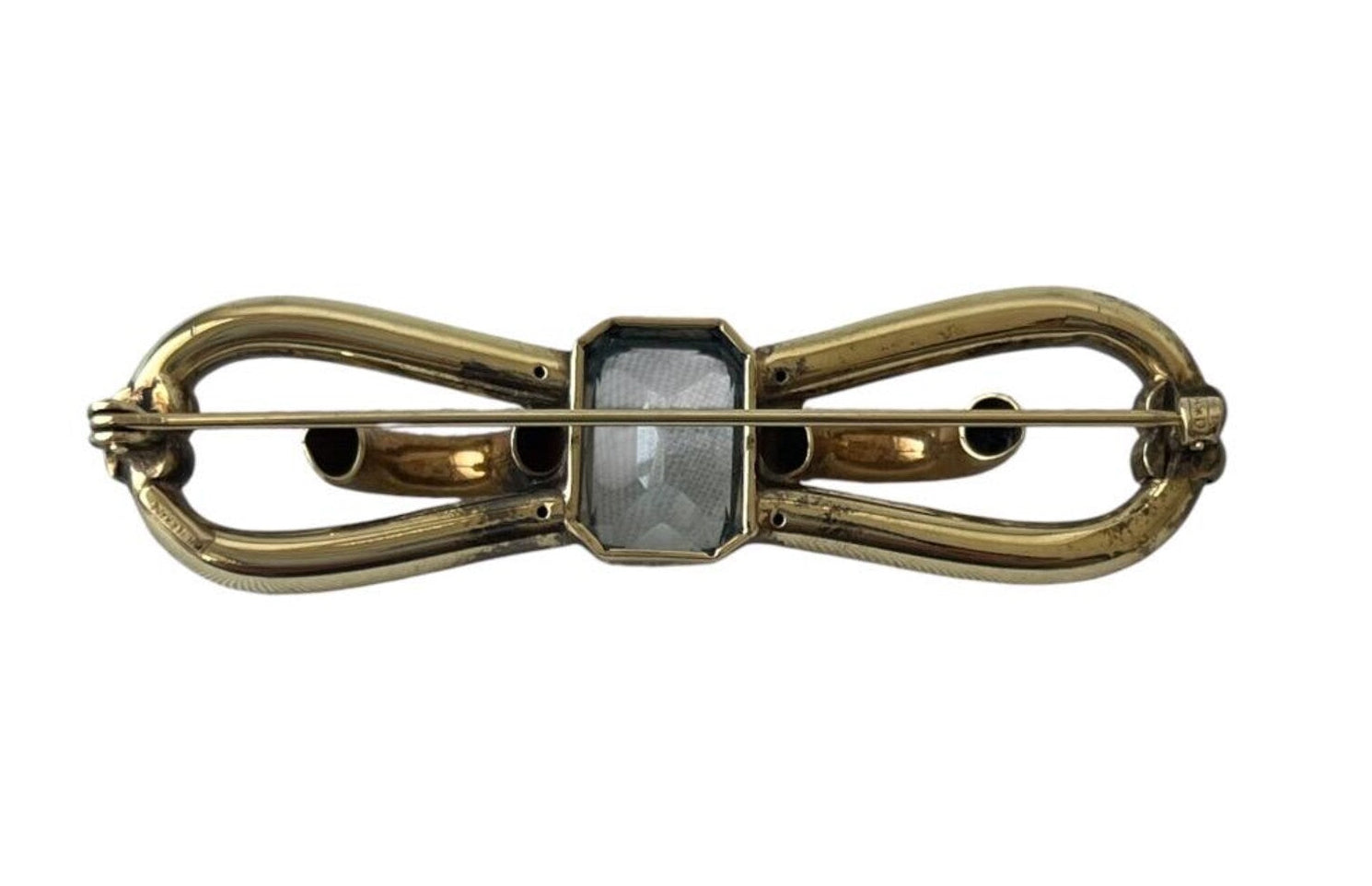Vintage Amerikaner Brooch Gold Plated Bow Pin With Light Blue Faceted Stone