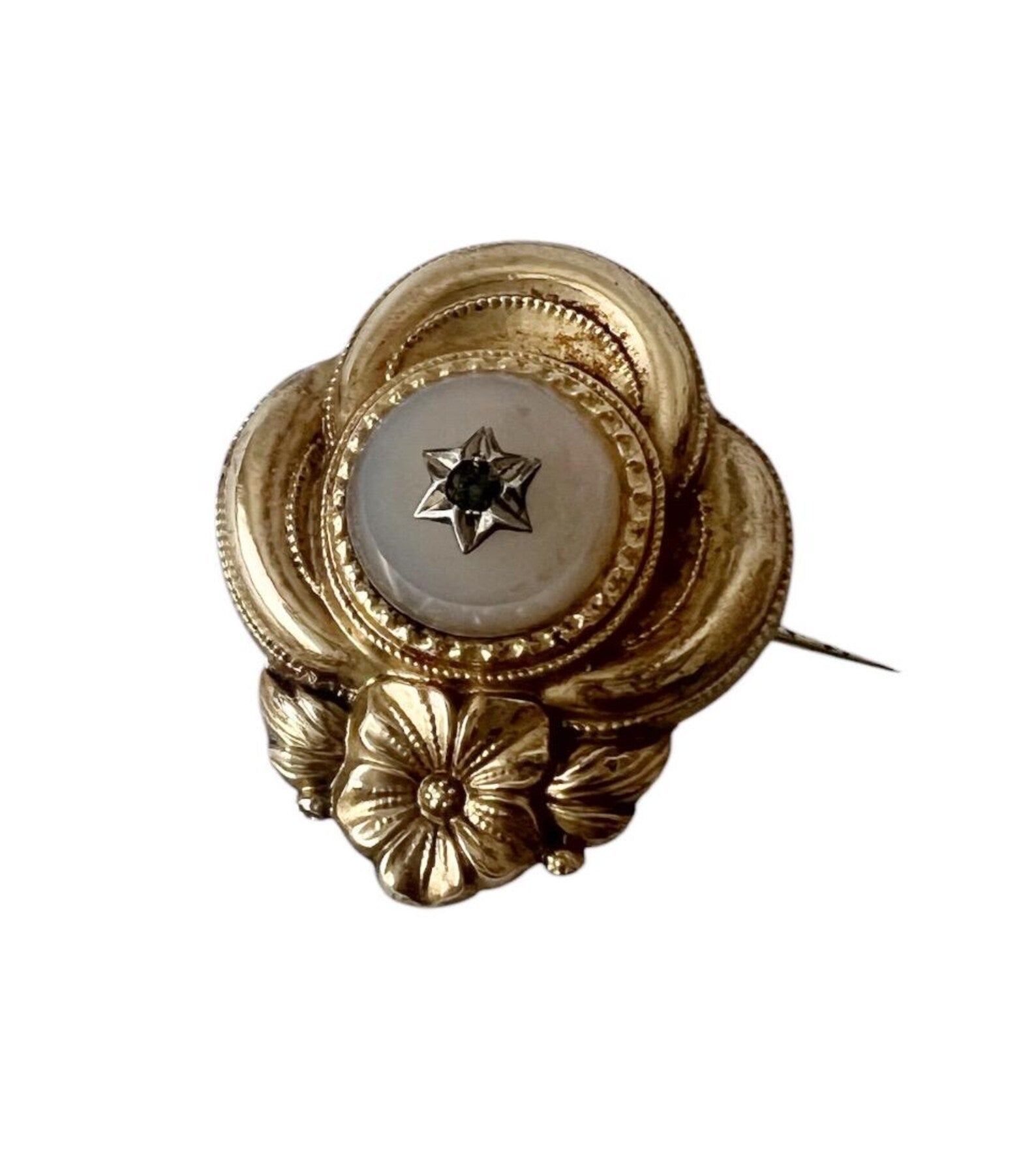 Antique Biedermeier Brooch.  Gold-Foiled Floral Pin with Star-Set Stone.