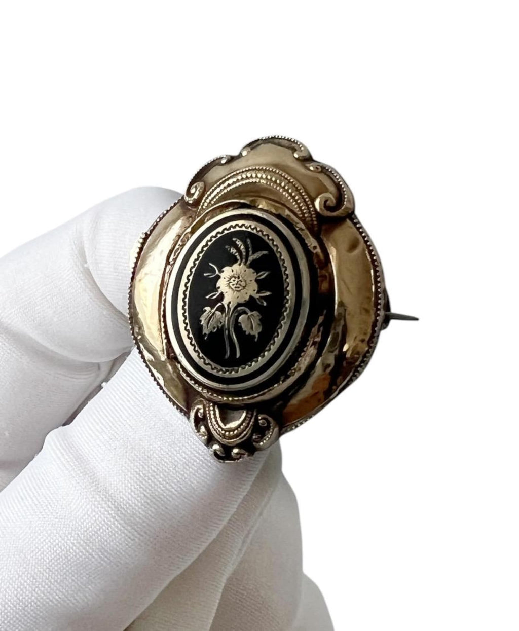 Antique German Biedermeier Mourning Brooch. Foamed Gold & Black Enamel.